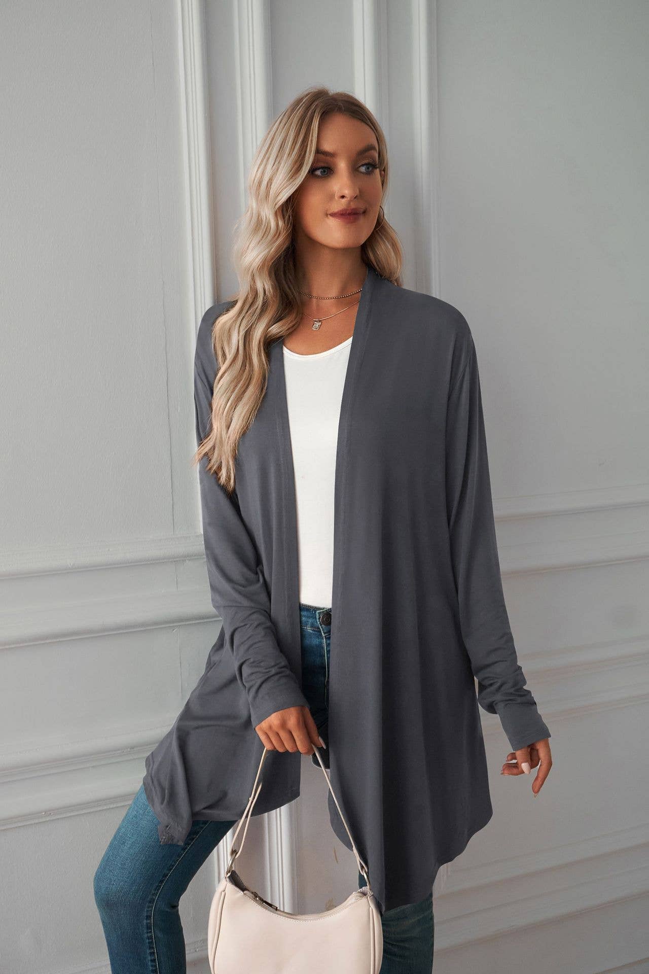 Solid color long unbuttoned cardigan