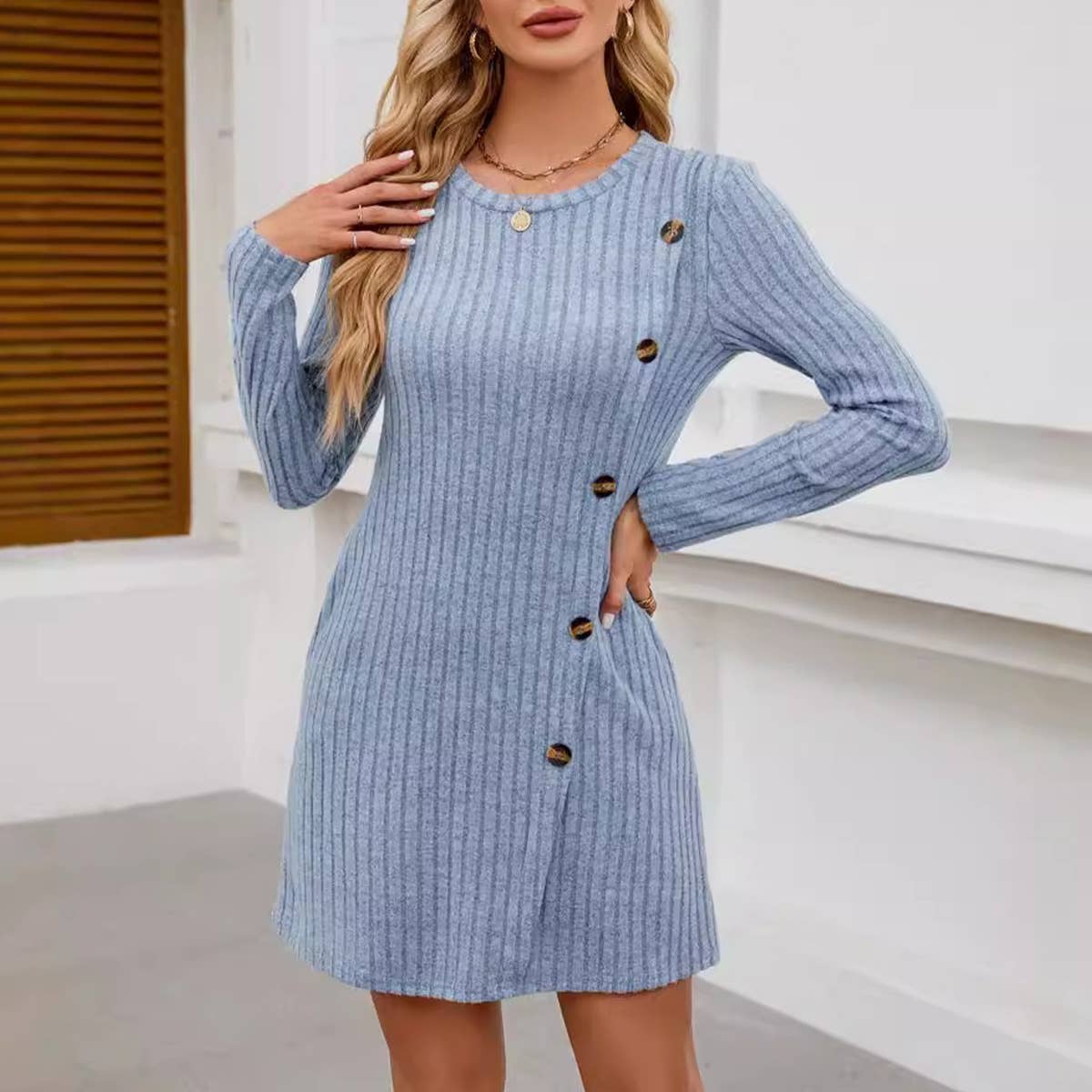 ROUND NECK SIDE BUTTON POCKET LONG SLEEVE DRESS