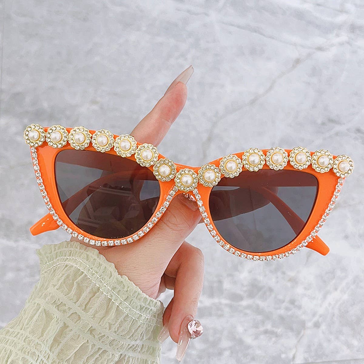 HANDMADE RHINESTONE PEARL RETRO CAT-EYE SUNGLASSES