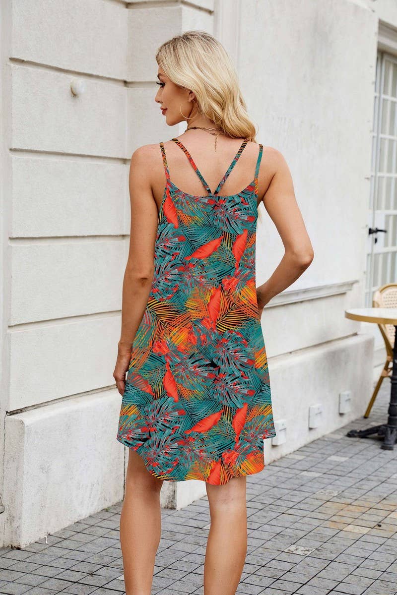 CWDSD7312_SLEEVELESS PRINTED CASUAL SUSPENDER DRESS