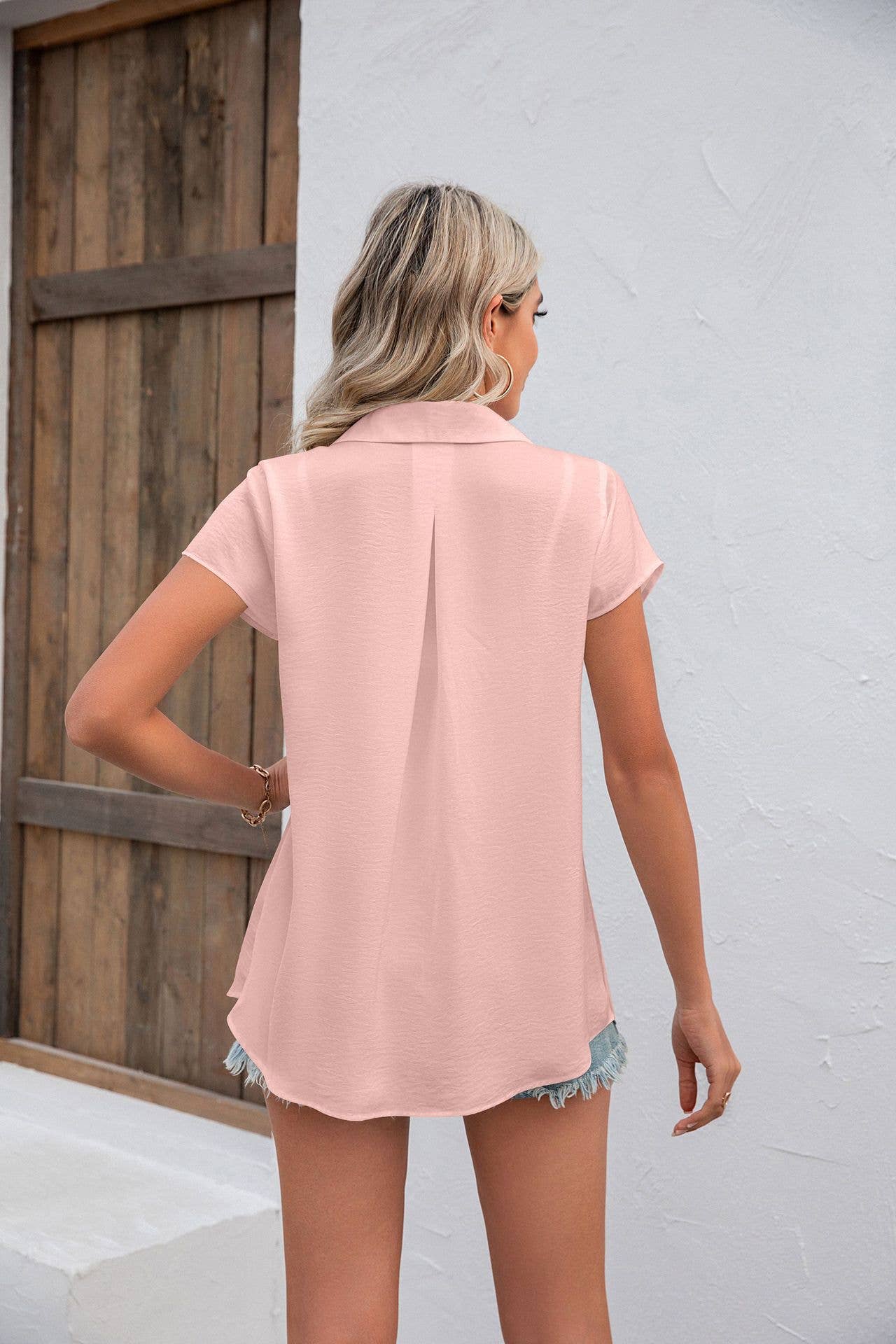 LAPEL SOLID SATIN SHORT SLEEVED LOOSE SHIRT