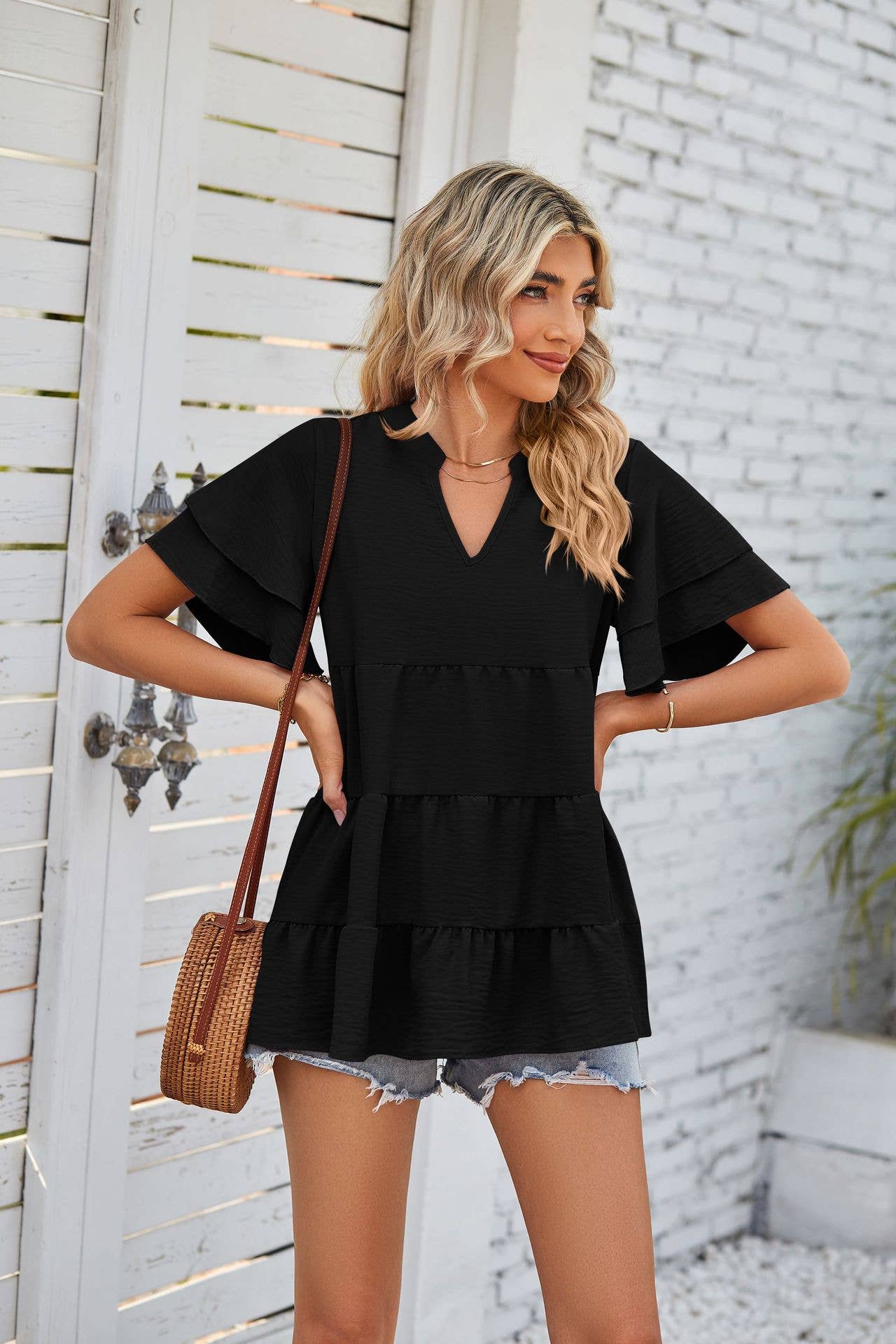 V-neck double-sleeved solid color loose shirt