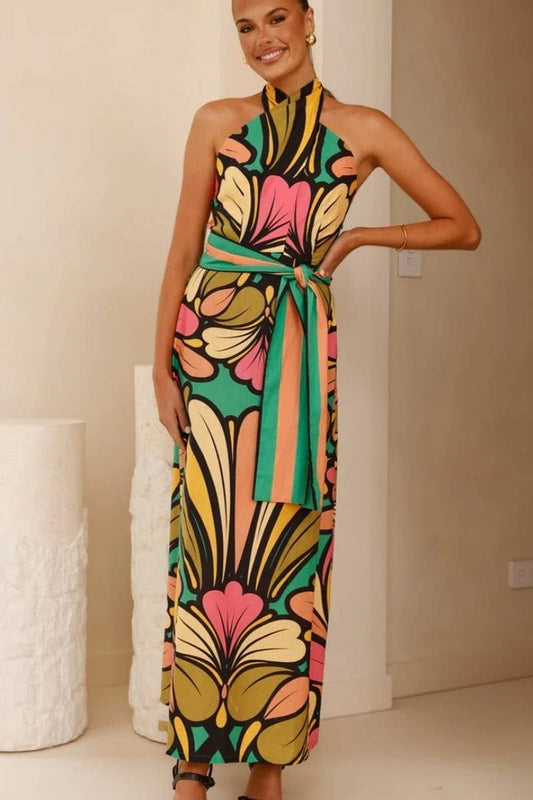 CWDHL0998_SUMMER PRINT HALTER NECK TIE BACKLESS MAXI DRESS