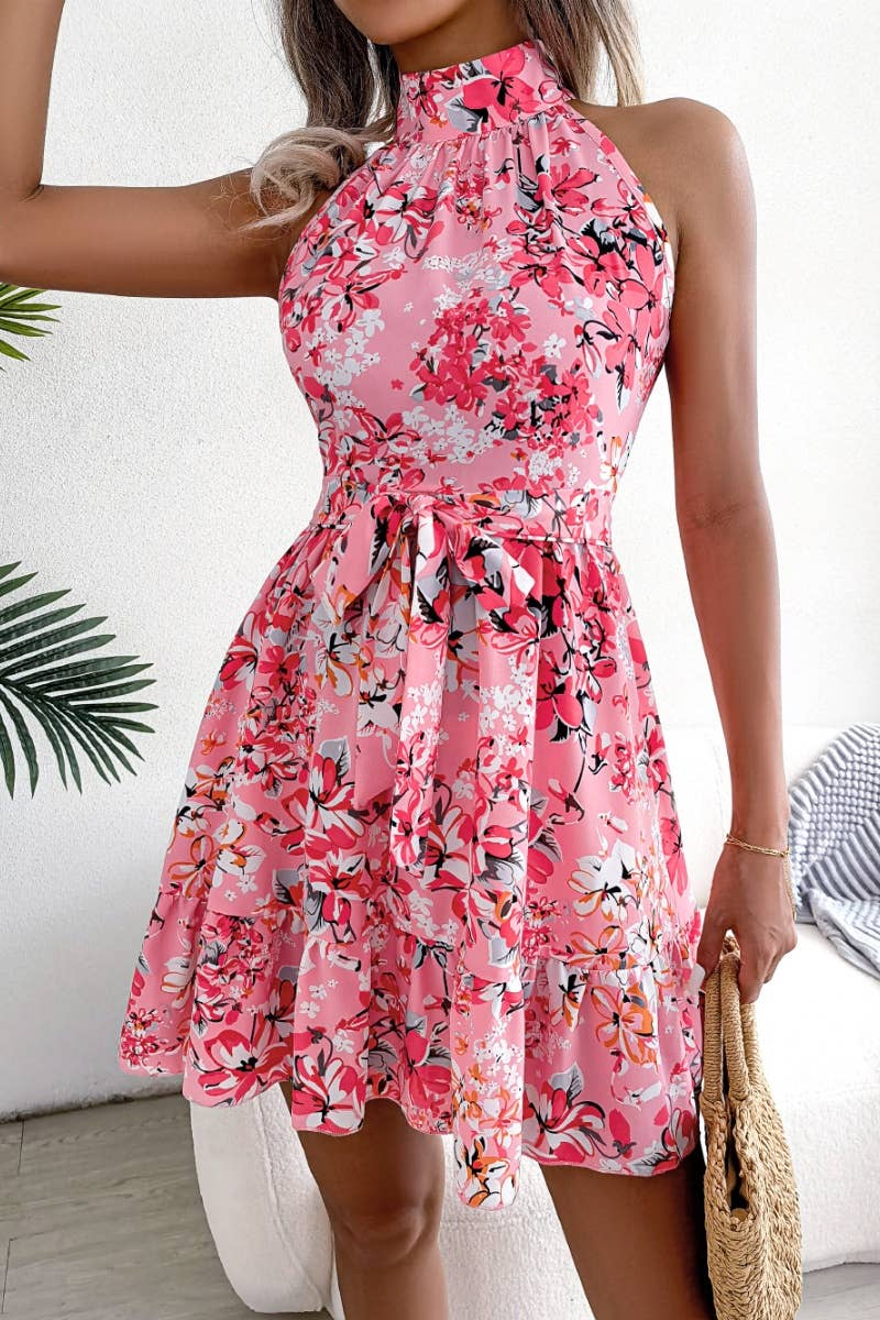 CWDSD4629_SHORT SUMMER LACE-UP FLORAL DRESS WITH RUFFLES
