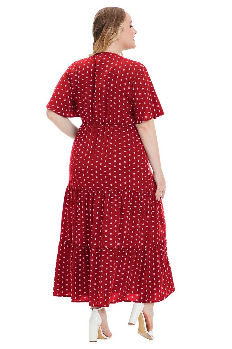 CWDMD3210_PLUS SIZE V-NECK POLKA DOT SHORT SLEEVE DRESS