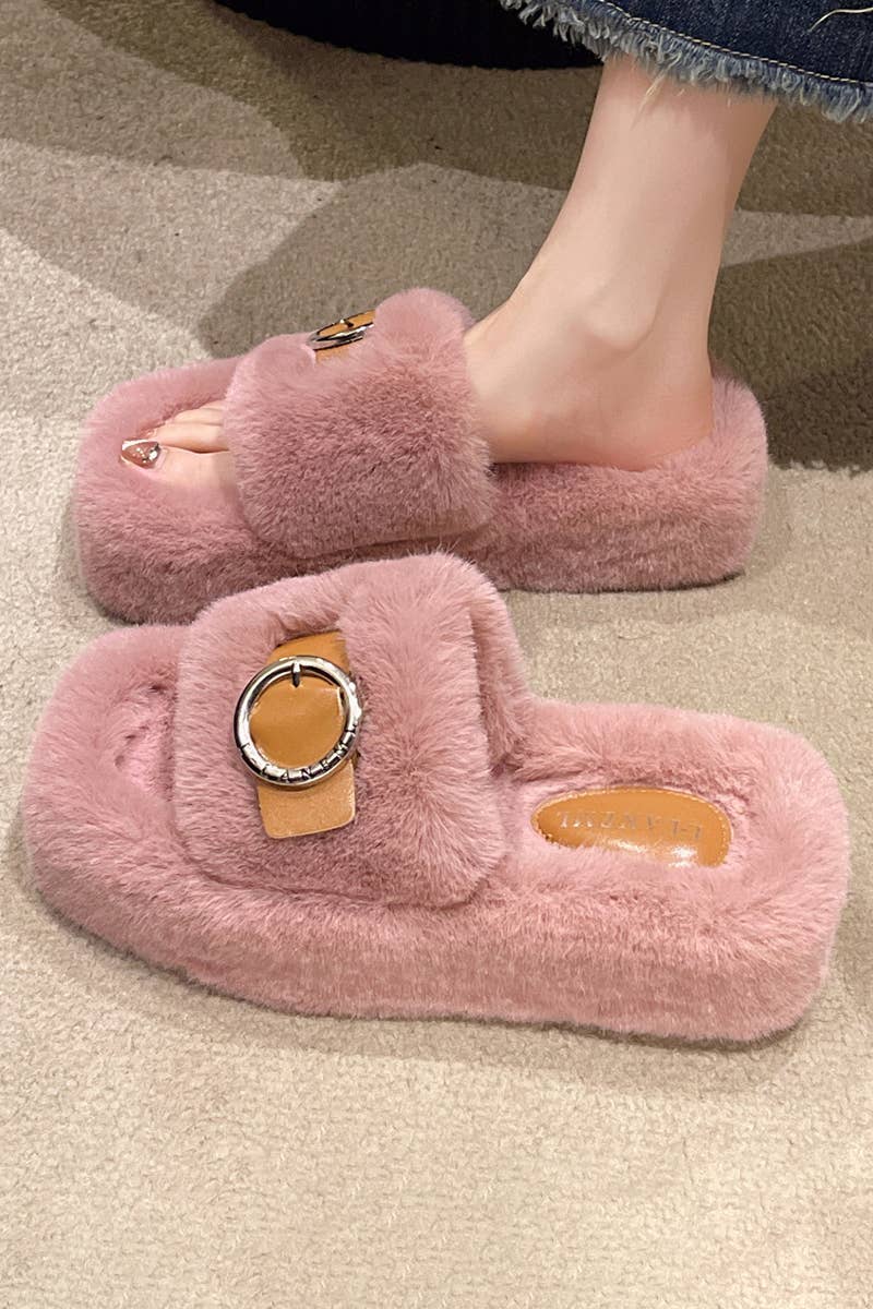BUCKLE DECOR CRISS CROSS FLUFFY BEDROOM SLIPPERS_CWSHS0224