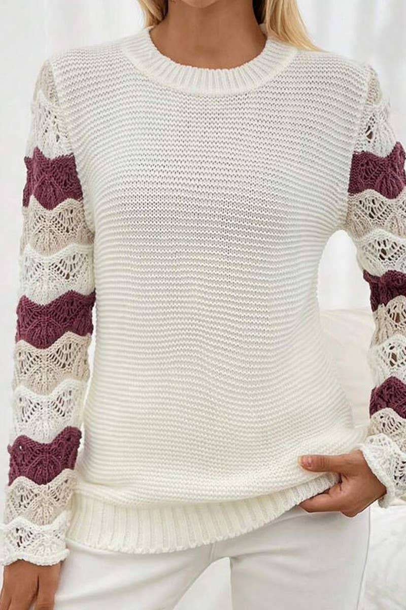 CWOSWL07359_LOOSE KNIT STRIPE COLORBLOCK HOLLOW SLEEVE TOP