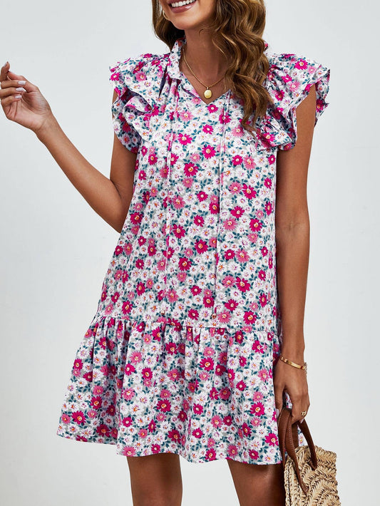 Ruffled V-neck print layered patchwork dress