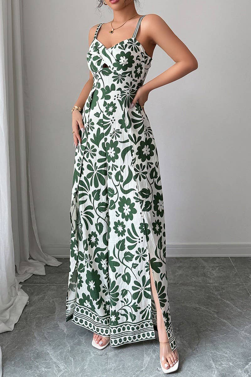 CWDHL0890_ELEGANT TWISTED PRINT SUSPENDERS WIDE-LEG JUMPSUIT