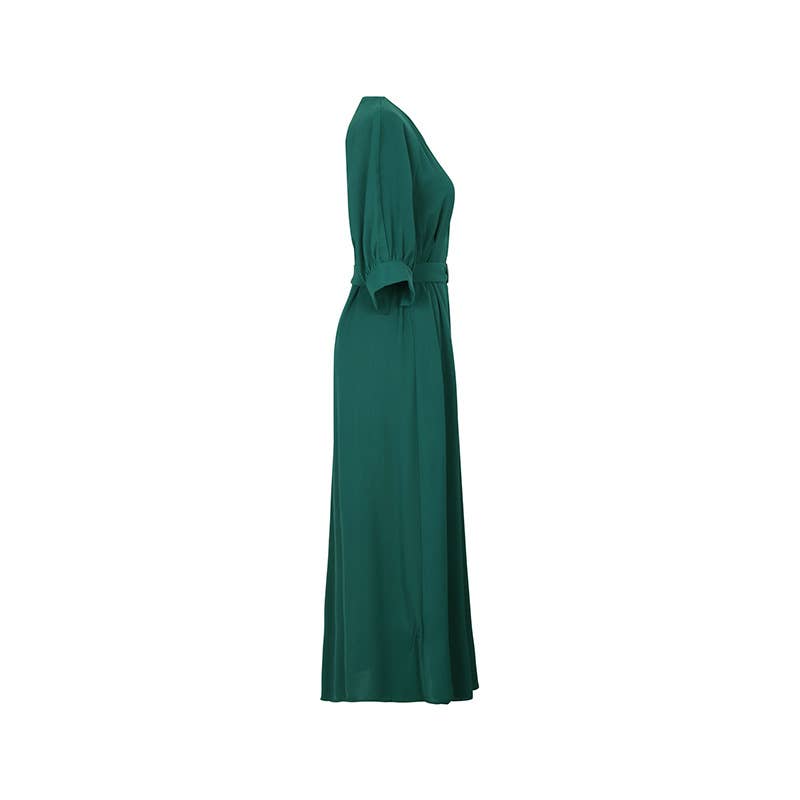 LONG MID-SLEEVED GREEN DRESS WITH BELT