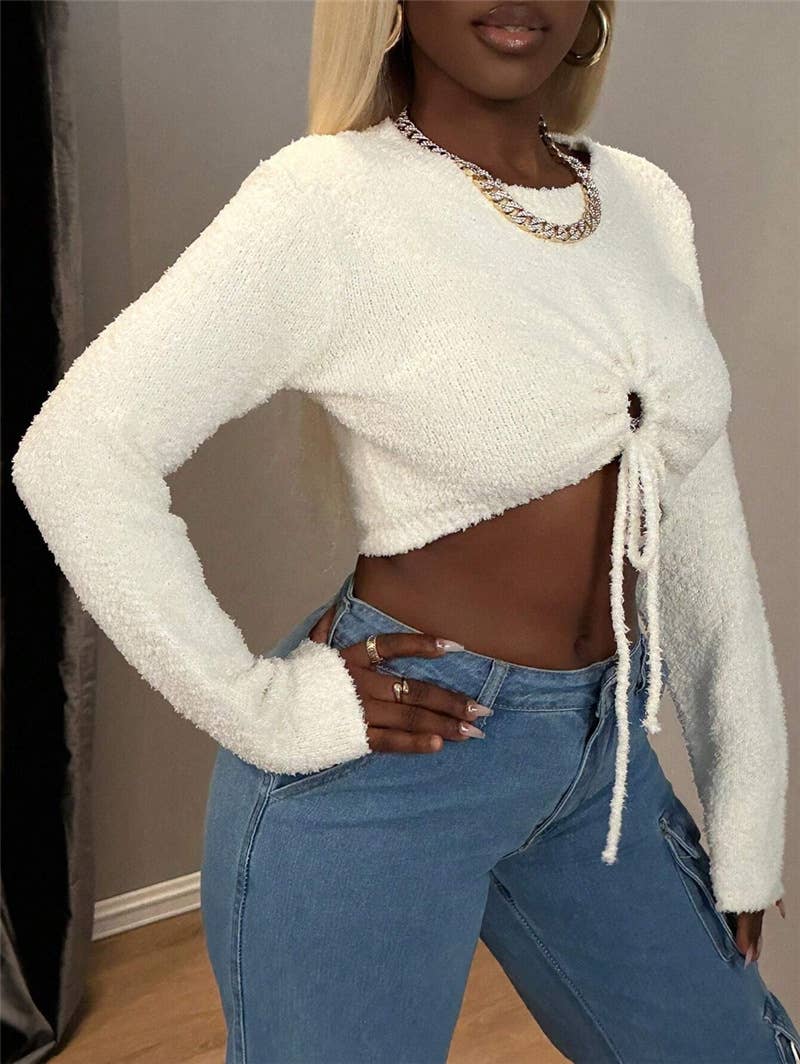 Slim short plush cutout drawstring sweater