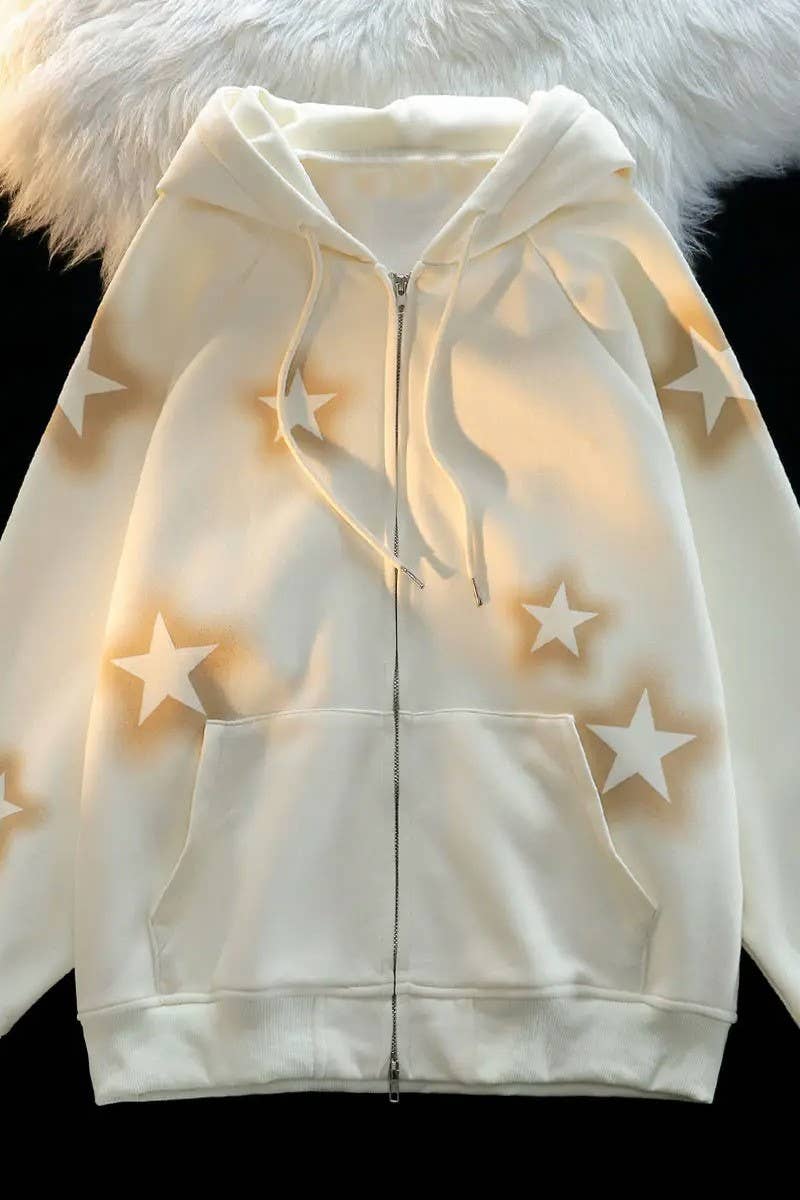 CWOCO1185_STAR PRINT LOOSE CASUAL ZIP-UP HOODED JACKET