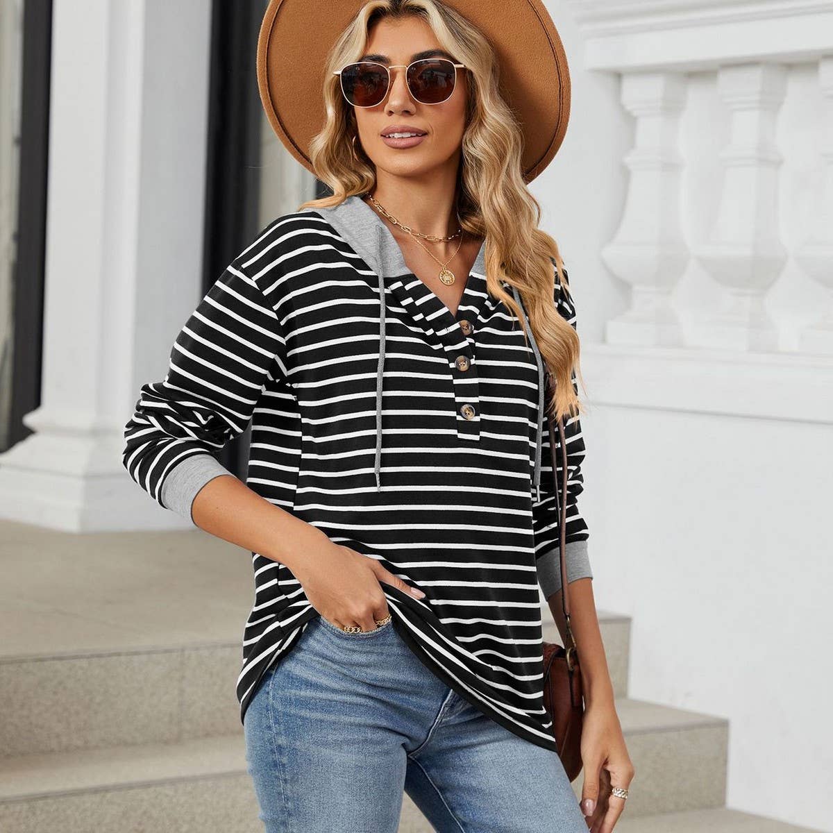 Hooded button drawstring long-sleeved hoodie