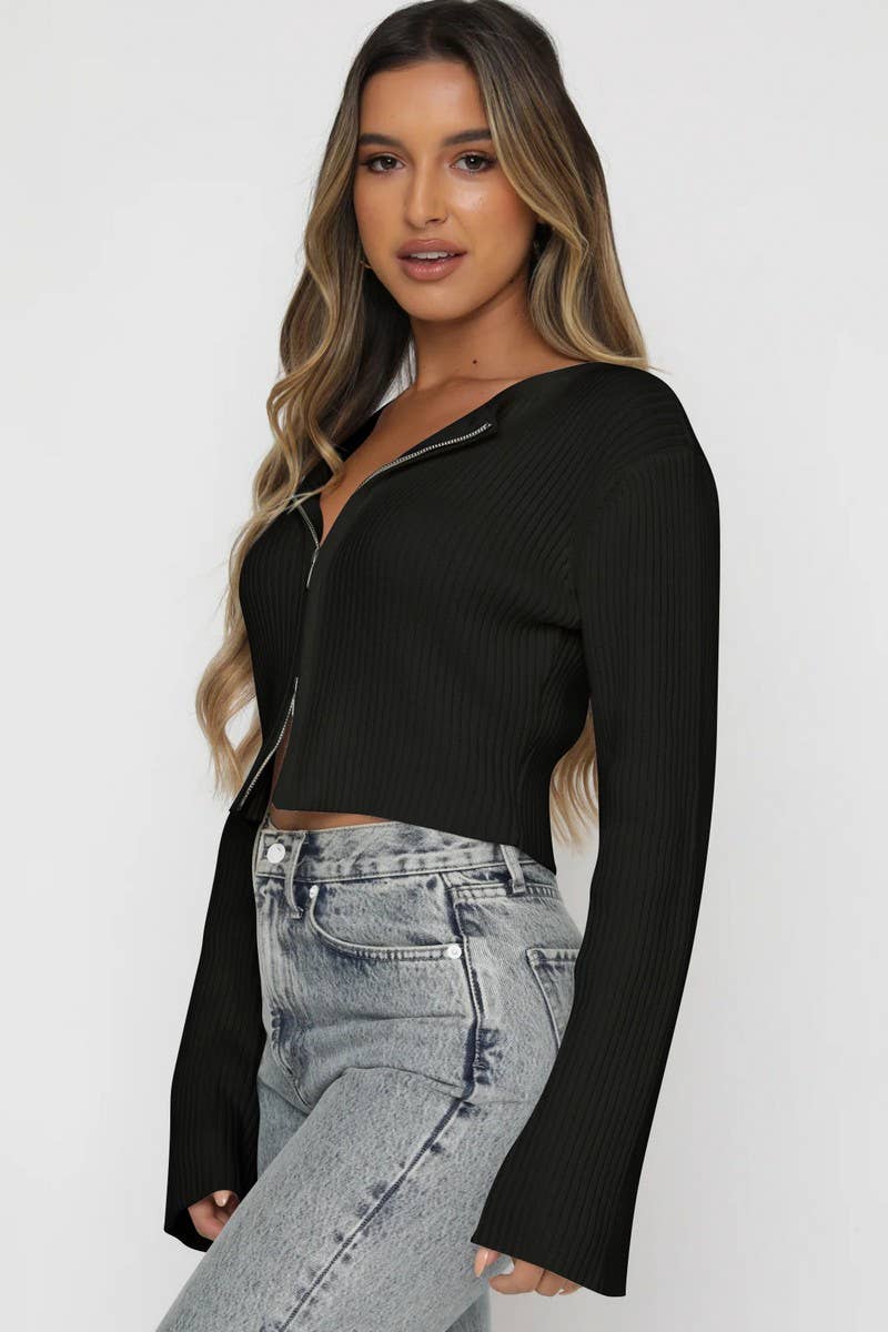 CWOCAL00613_SEXY SOLID LONG SLEEVE ZIP CARDIGAN