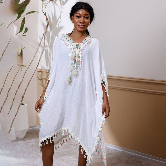 Sexy Beach Cover Up with Tassels and Gold Trim