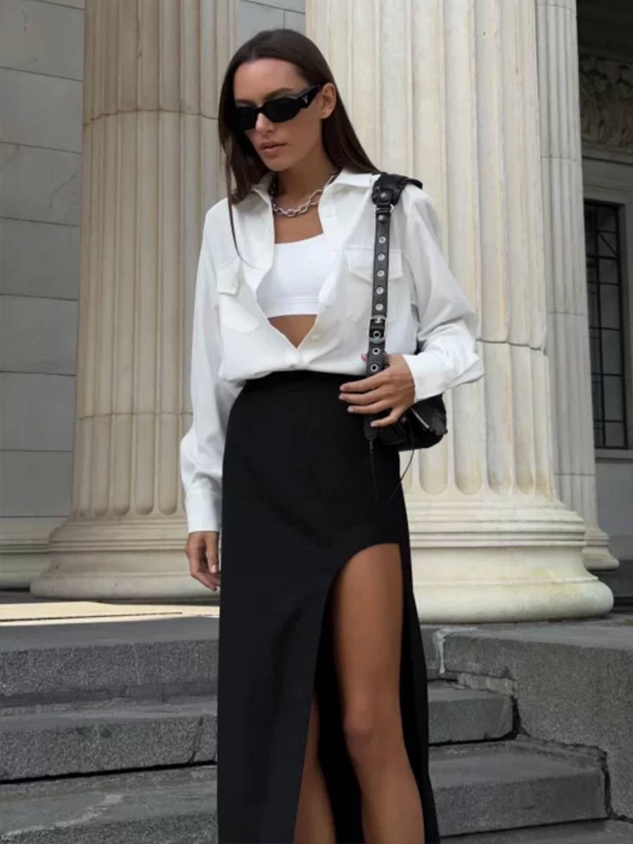 Irregular high-slit solid color long skirt