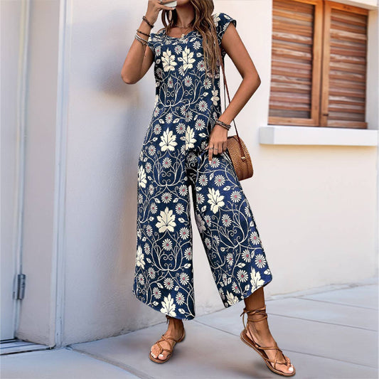 Long ethnic style printed wide-leg jumpsuit