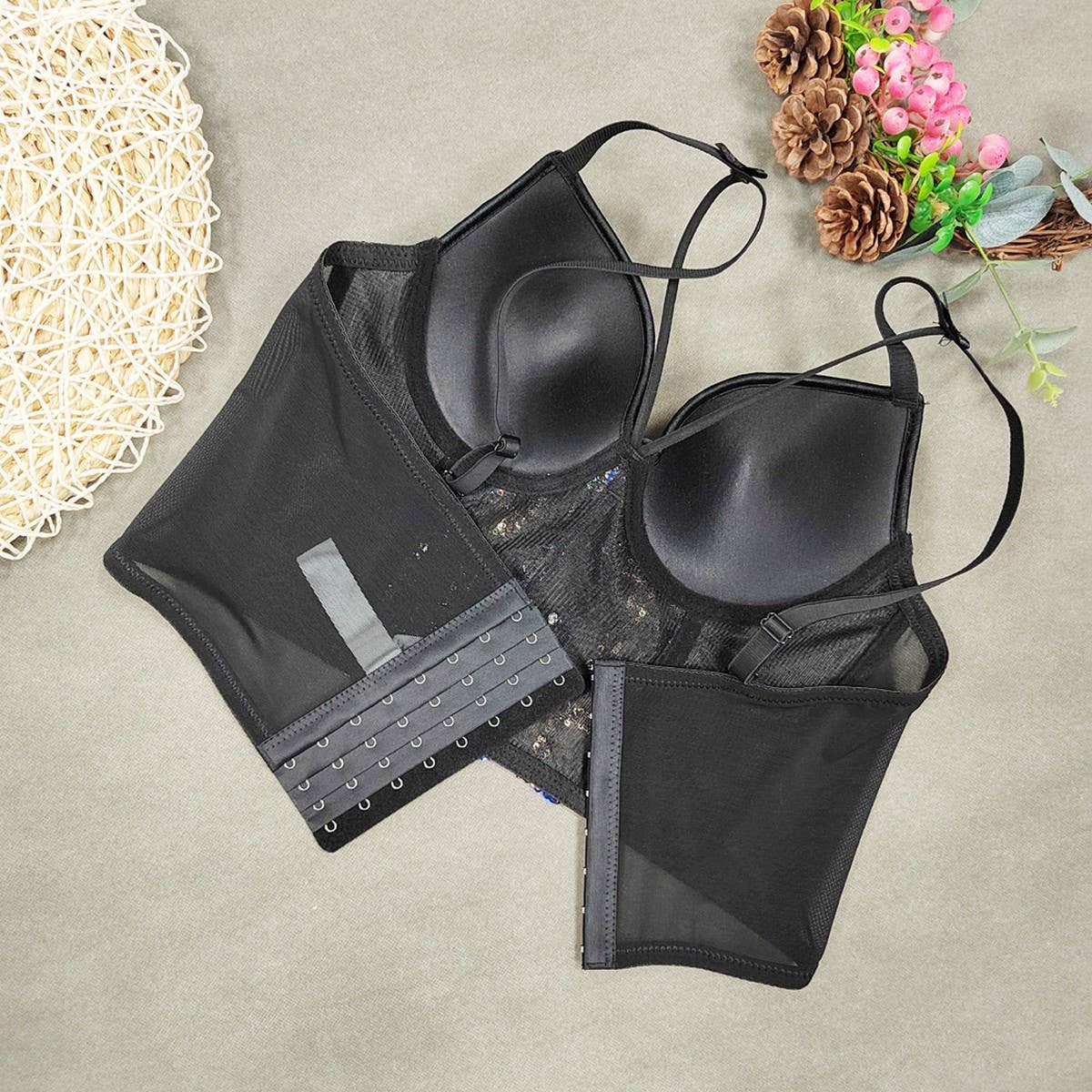 LACE EMBROIDERED SEQUINED HERRINGBONE CORSET