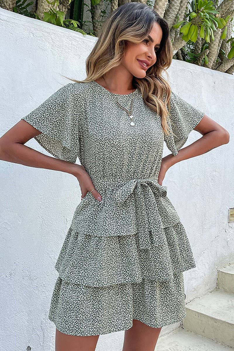 CWDSD7032_NEW STYLE RUFFLE ROUND NECK TIE CAKE DRESS