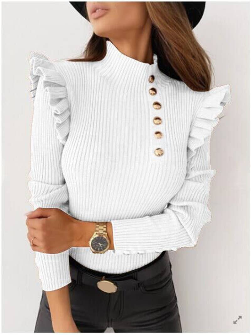 RUFFLED LONG-SLEEVED BUTTON-DOWN BLOUSE