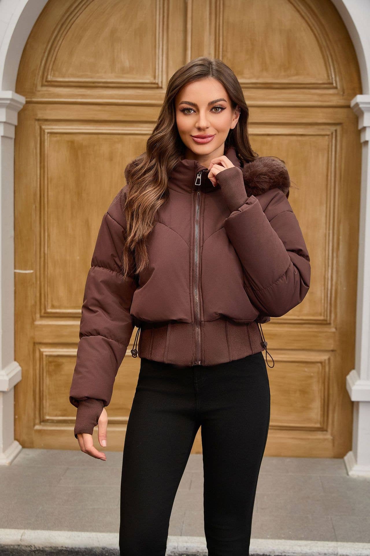 Thick cotton-padded jacket with a cinched waist