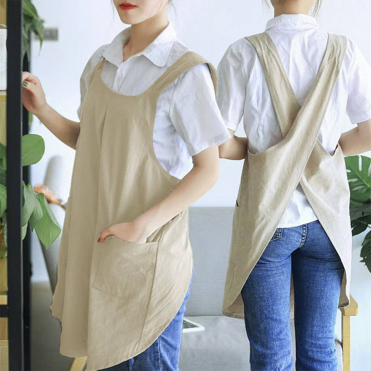 CWAB3993_COTTON AND LINEN SOLID COLOR TIE-FREE WORK APRON