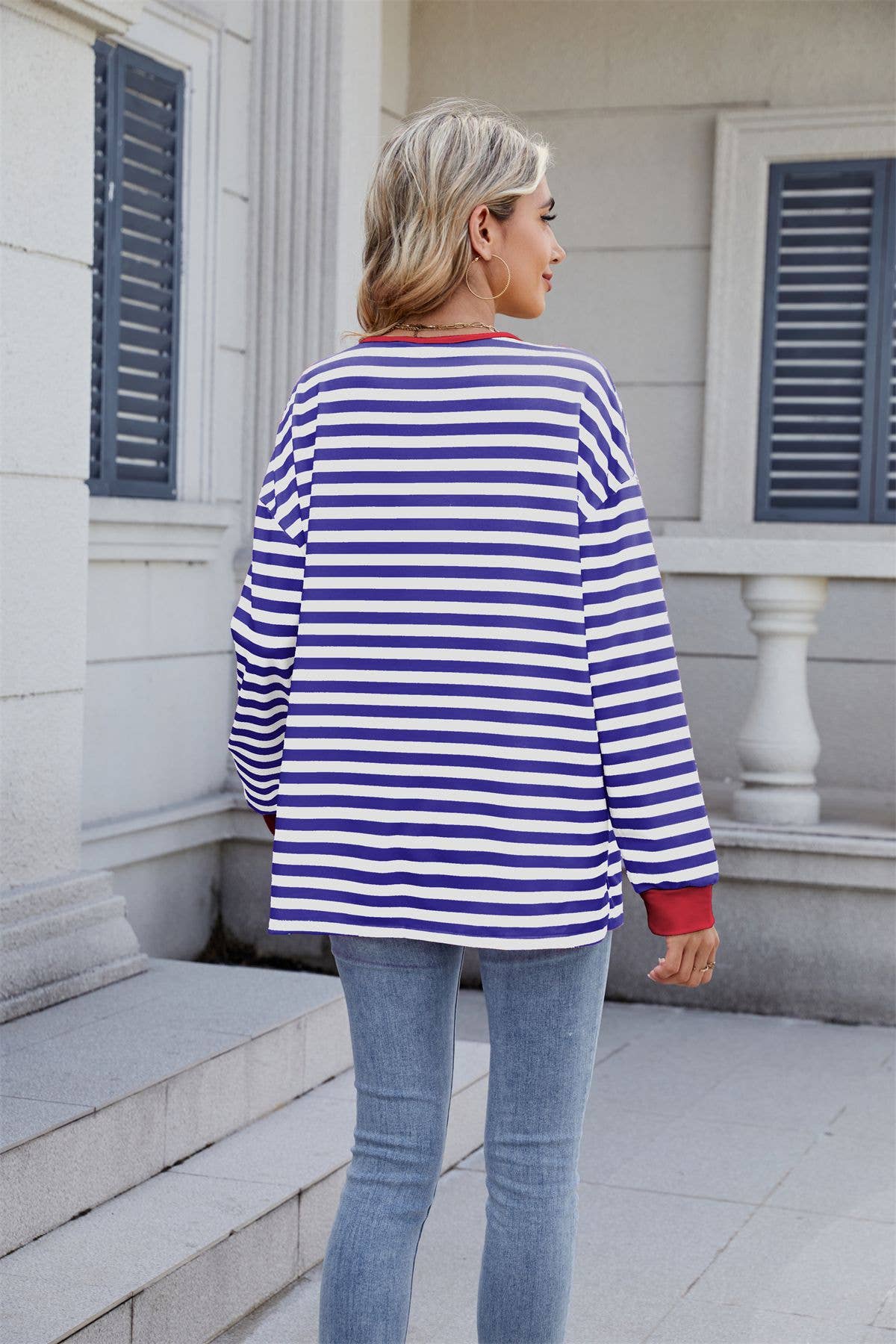 Striped V-neck fashion sexy lace-up sweatshirt