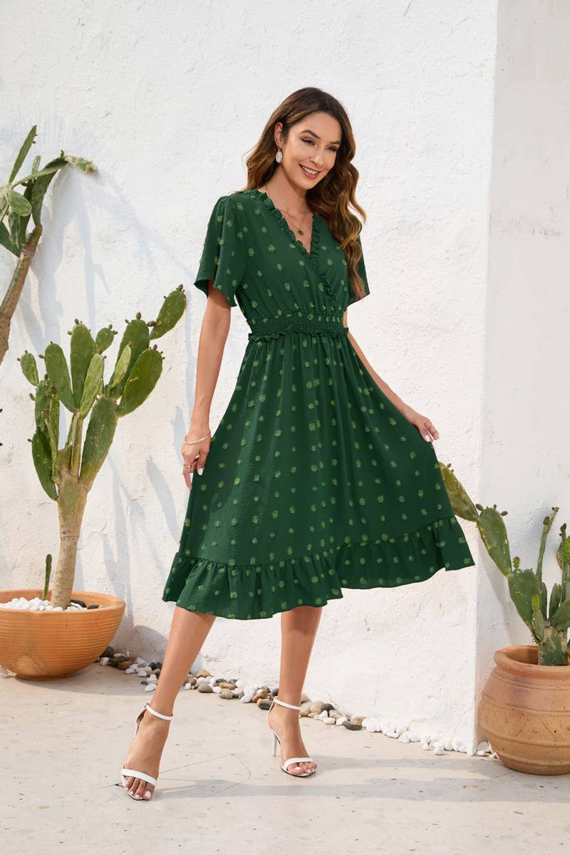 CWDMD2141_V-NECK HIGH-WAISTED LACE-UP DRESS