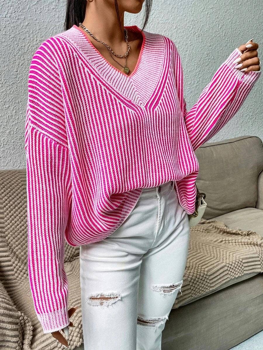 V-neck loose striped batsleeved sweater