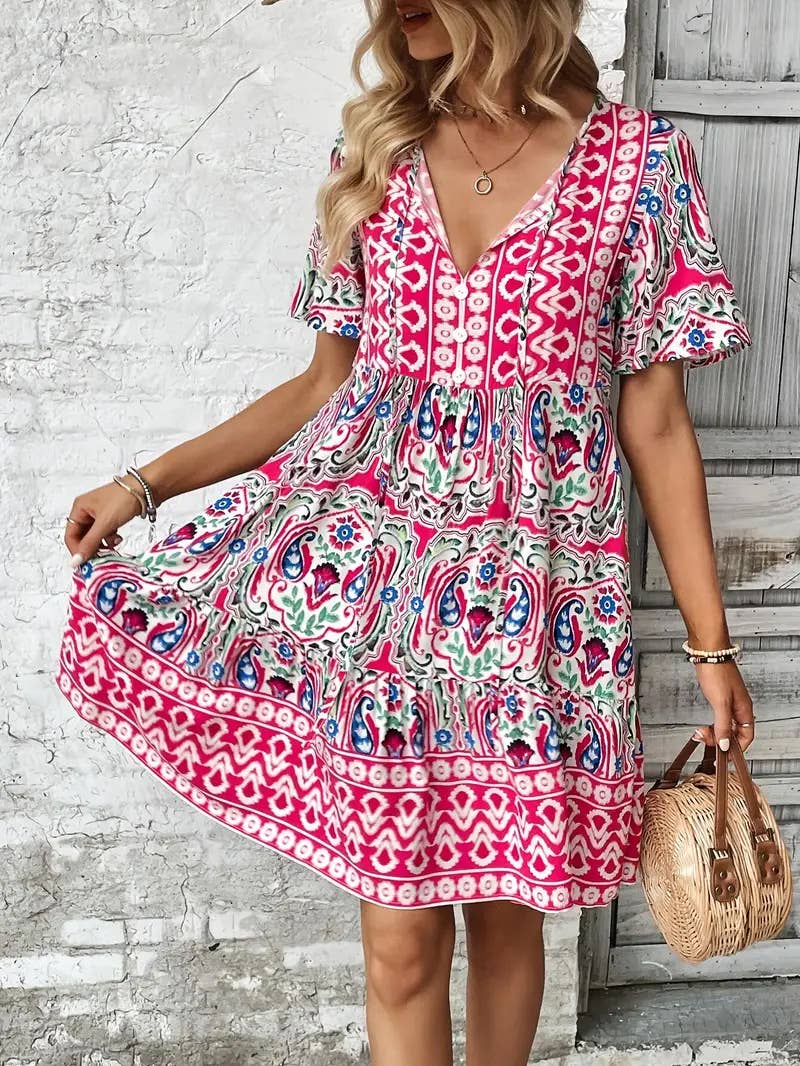 Ethnic style prints loose V-neck short dress