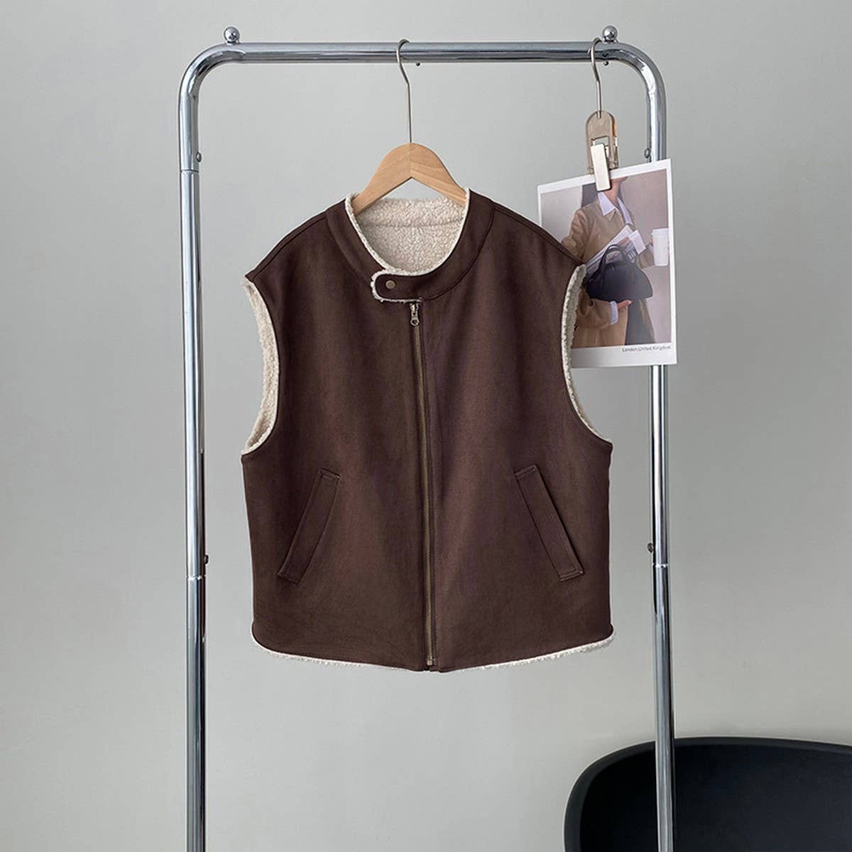 Suede lamb wool patchwork vest