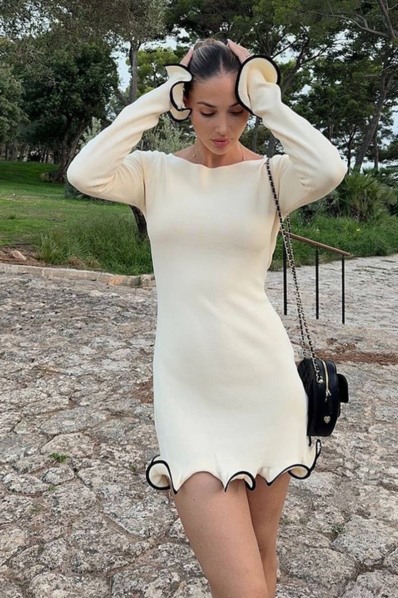 CWDSD6707_CONTRAST COLOR WAVE HEM A-LINE KNIT DRESS