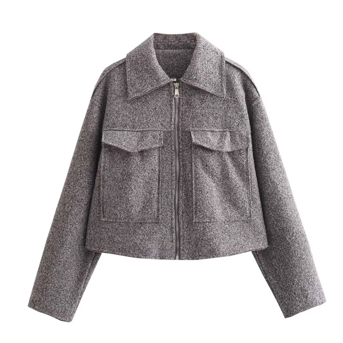 SOLID COLOR LAPEL ZIP-UP CROPPED JACKET