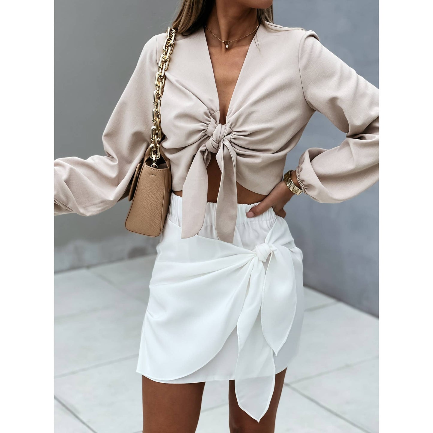 CASUAL DESIGN LACE-UP SOLID COLOR SHORT SKIRT