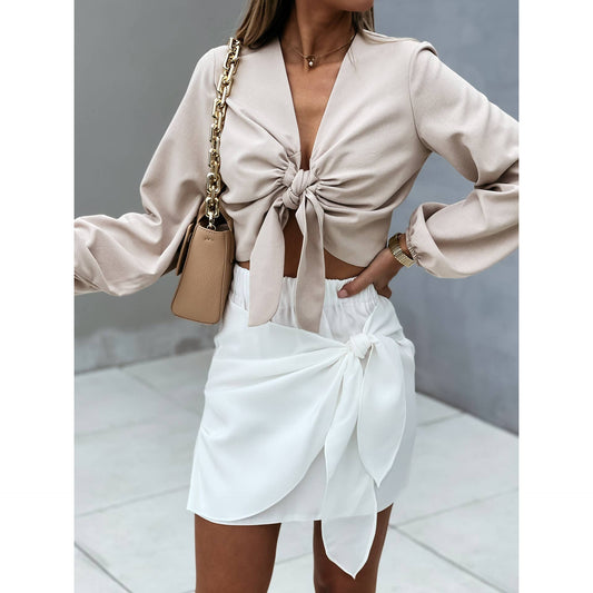 CASUAL DESIGN LACE-UP SOLID COLOR SHORT SKIRT