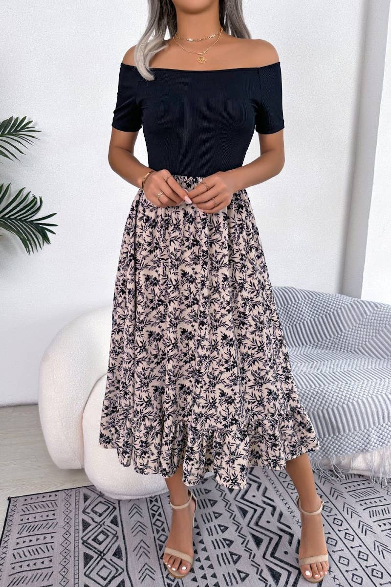 CWDMD2680_CASUAL OFF-THE-SHOULDER PEPLUM MID-LENGTH DRESS