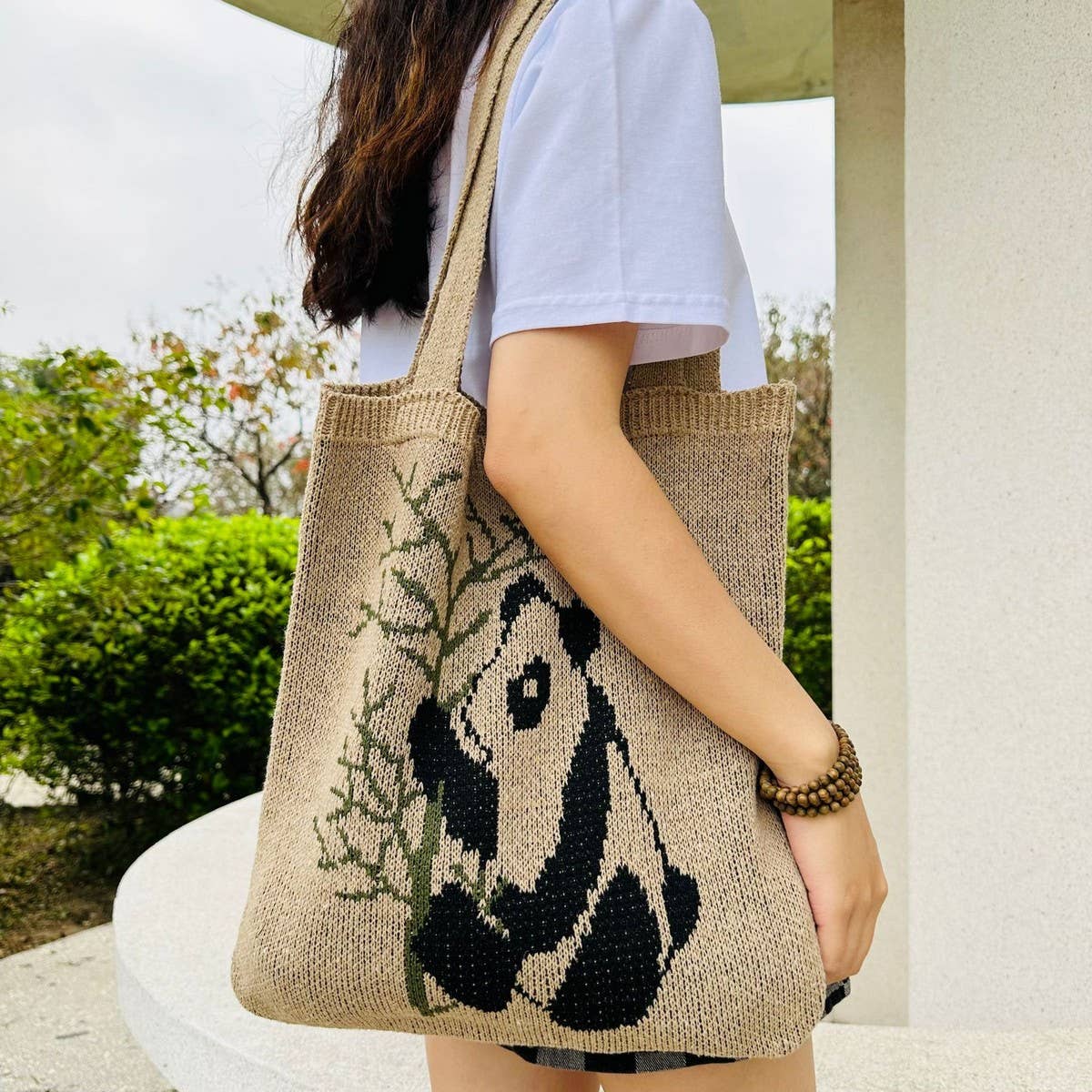 CWAB4581_PANDA PATTERN KNITTED HOLLOW WOVEN SHOULDER BAG
