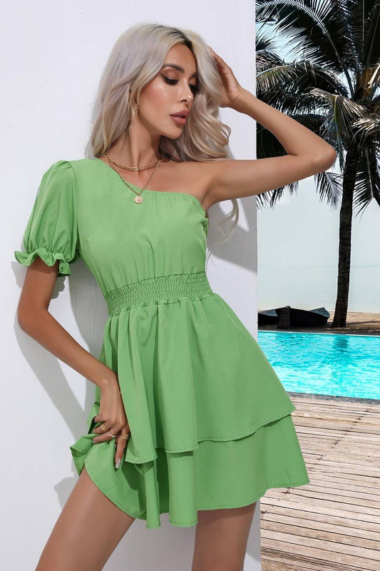 CWDSD2923_One Shoulder Short Sleeve Dresses