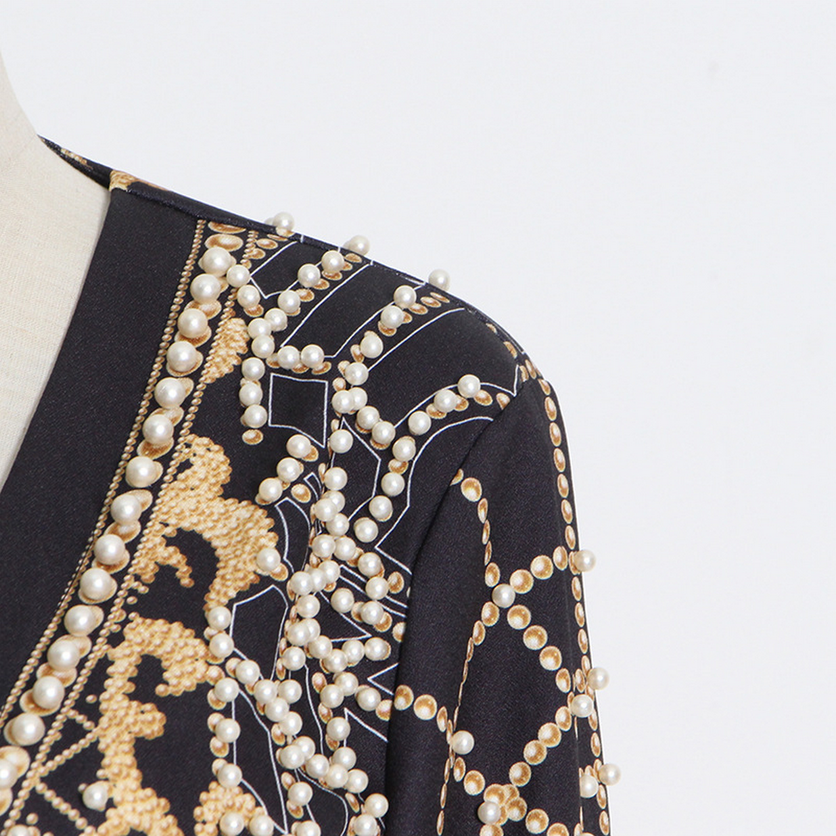 Stylish V-Neck Beaded Print Blazer Jacket_CWOCO1215