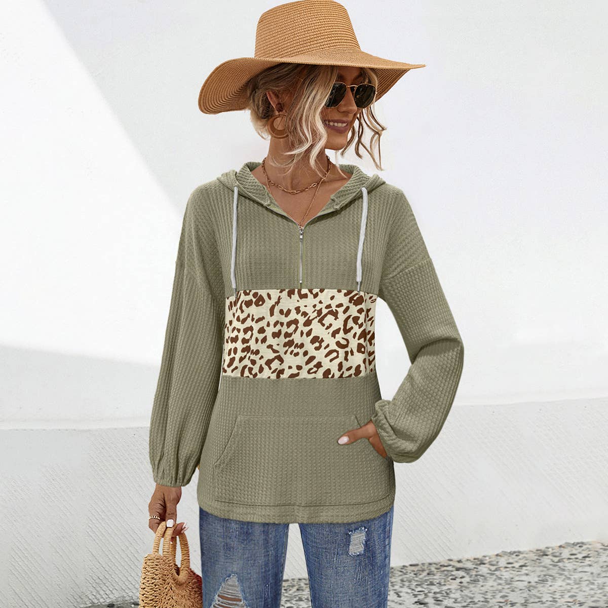 LEOPARD PRINT SPLICED LONG-SLEEVED HOODIE