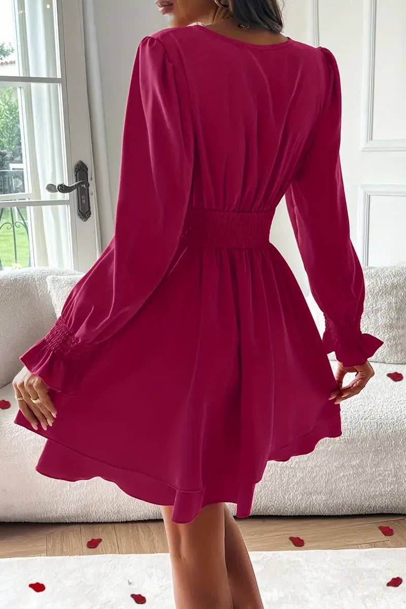 CWDSD8566_SOLID DOUBLE LAYER HEM V-NECK WAIST DRESS