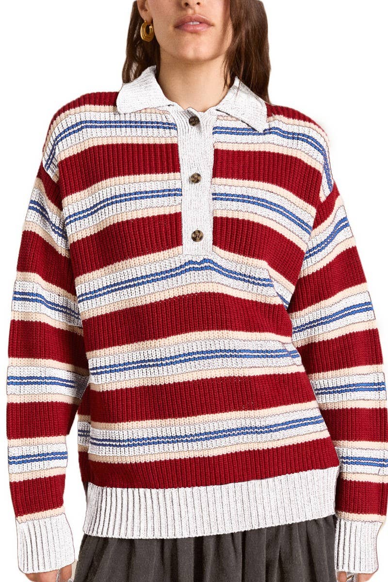CWOSWL07738_2025 RETRO STRIPED COLORBLOCK POLO KNIT SWEATER