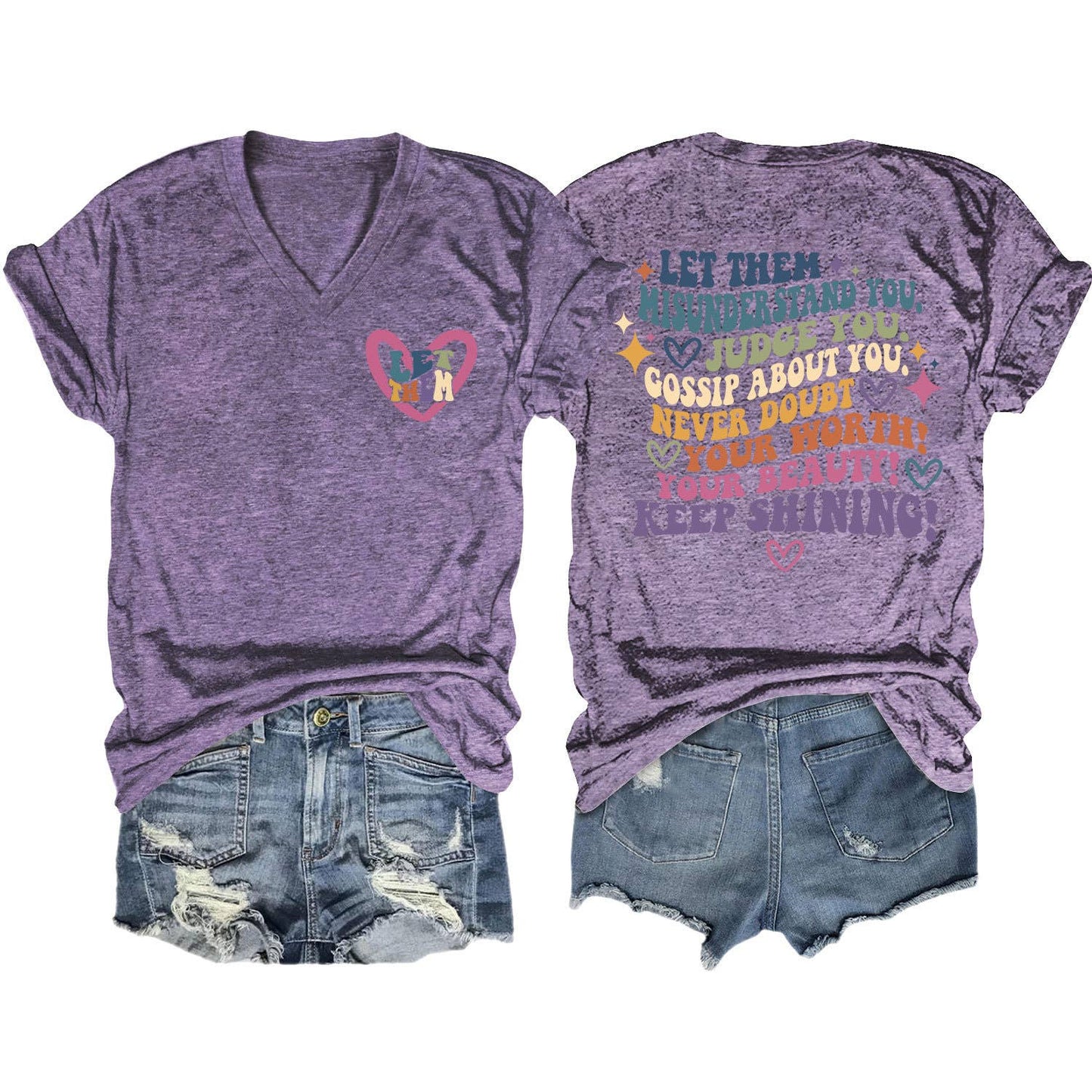 V-neck and fun letters Elegant women's T-shirt