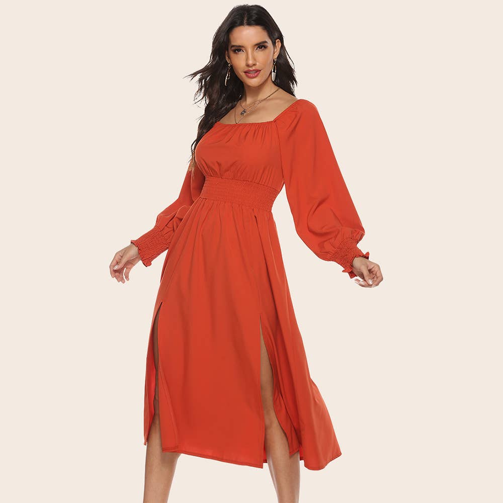 Fashion square collar waist long-sleeved dress