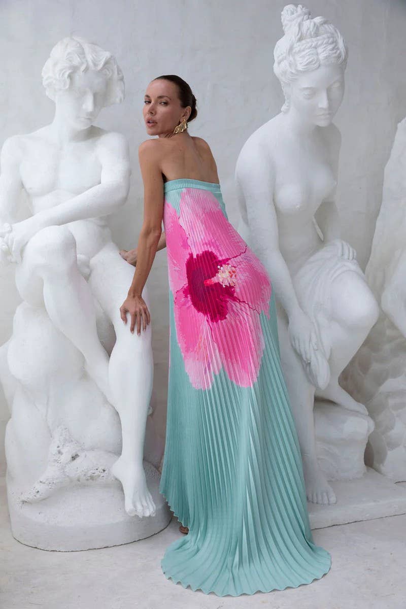 CWDMD5533_SUMMER PLEATED PRINTED BACKLESS TUBE DRESS