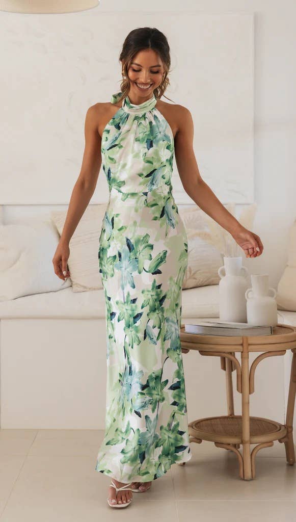 Lace-up,halter-neck,tie,backless printed dress