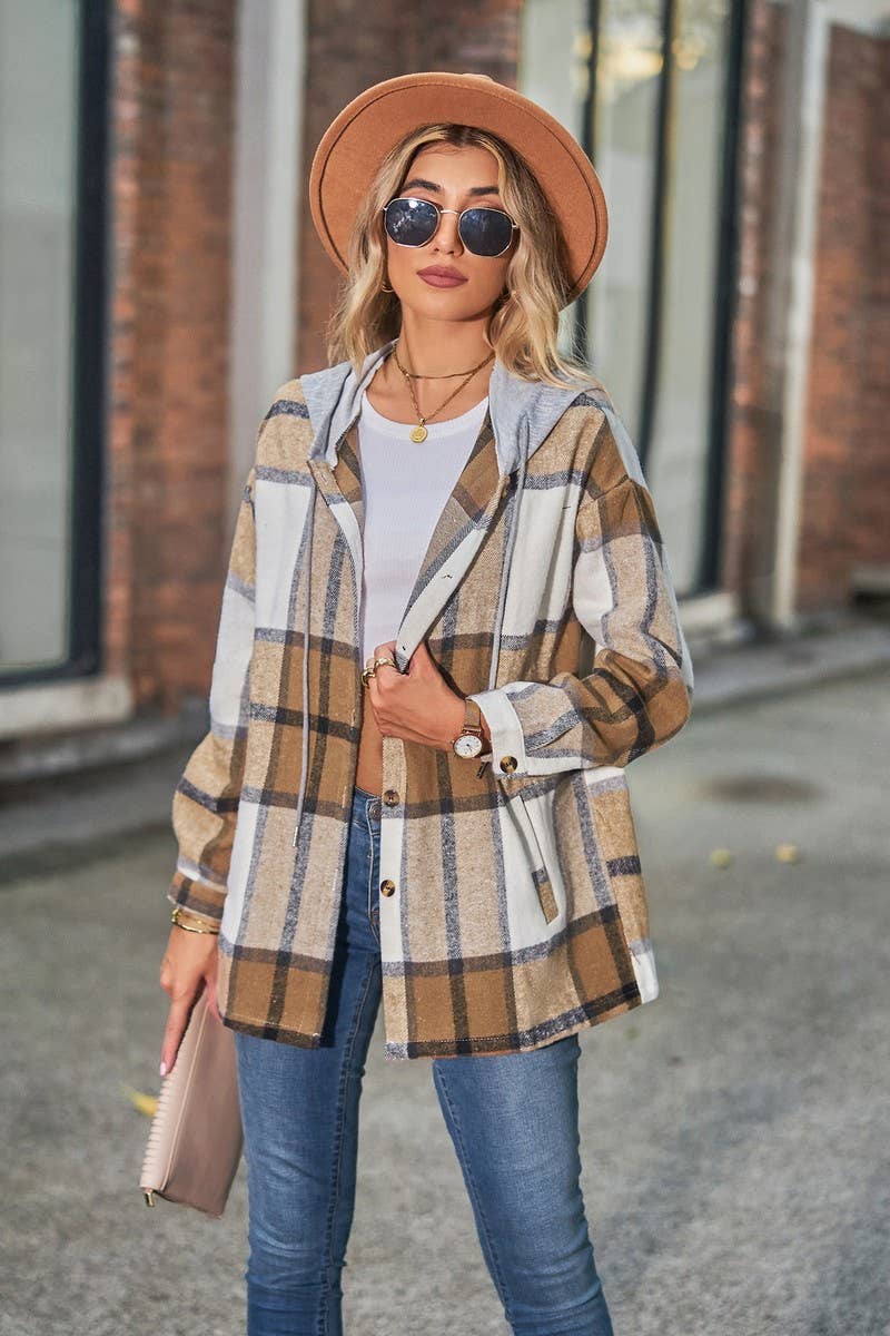 CWOCO1102_CASUAL LOOSE MID-LENGTH PLAID HOODED COAT