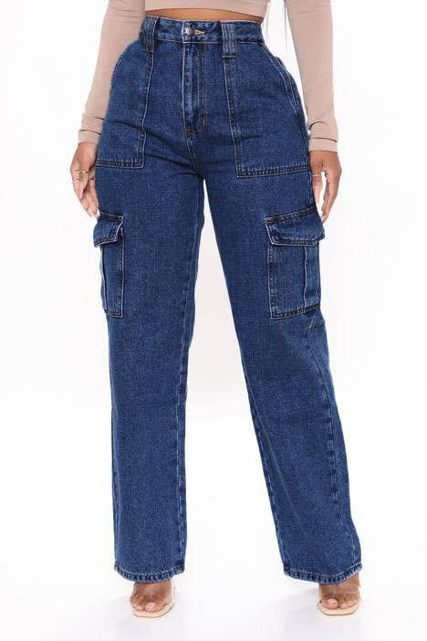 HIGH-WAISTED ELASTIC-WAISTBAND BAGGY CARGO JEANS