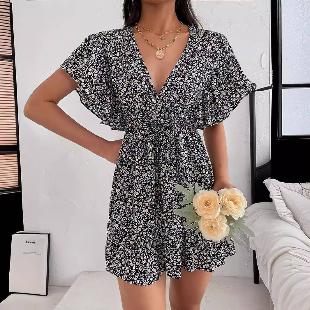 PINCHED WAIST FLORAL V-NECK CHIFFON BEACH DRESS