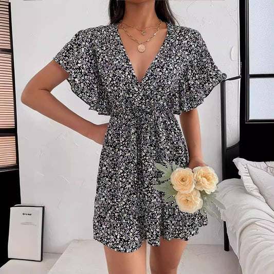 PINCHED WAIST FLORAL V-NECK CHIFFON BEACH DRESS